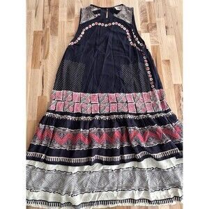 Norblack Norwhite Sleeveless Tank Dress Tiered Embroidered Boho Navy Ivory Small